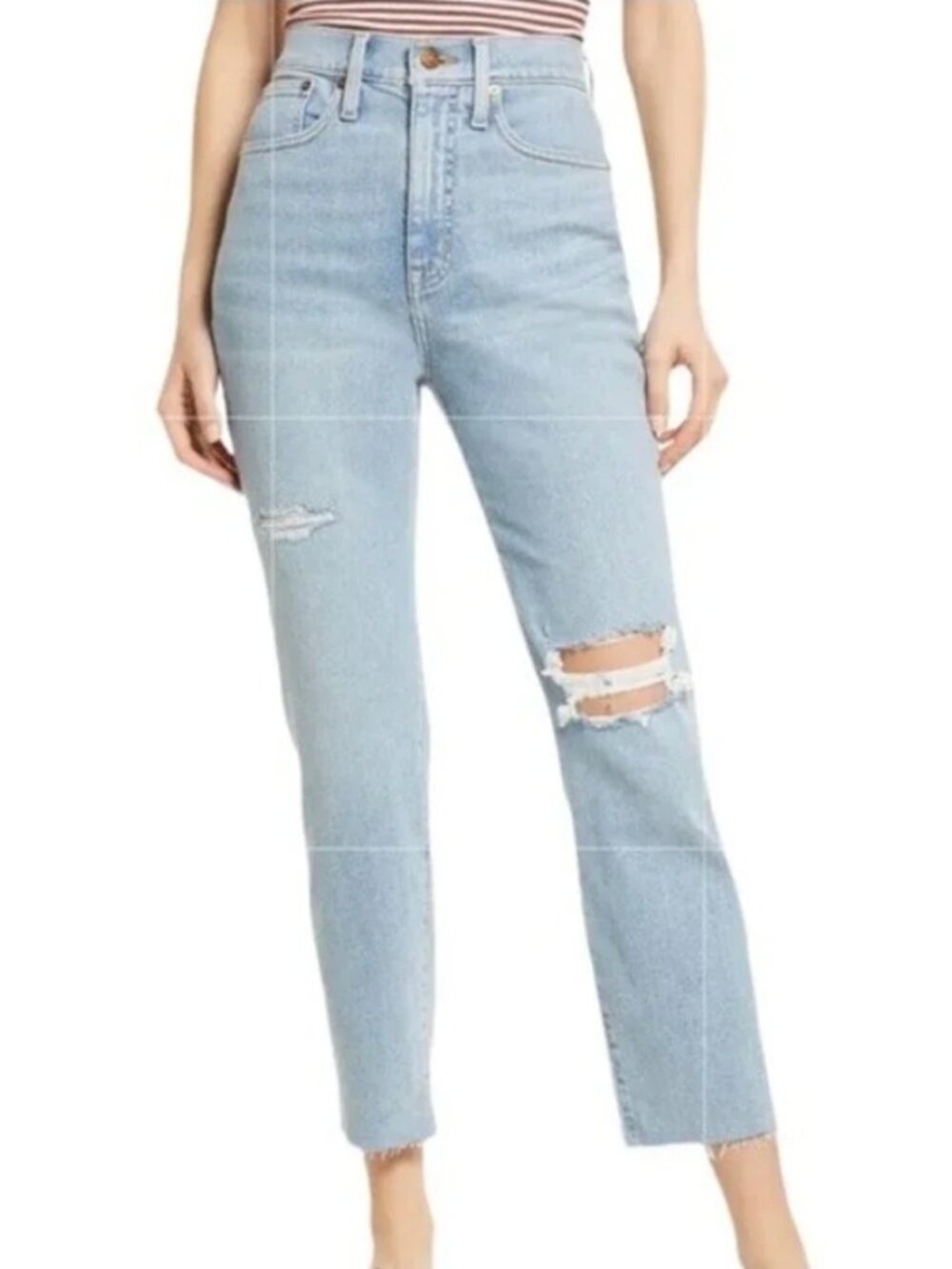 Madewell The Momjean Distressed Raw Hem Lightwash Jeans (Size 29)